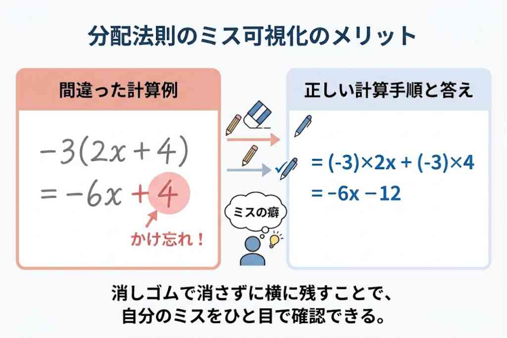 中1数学の分配法則|例題で解説!符号ミス・かけ忘れをなくす「2本の矢印」